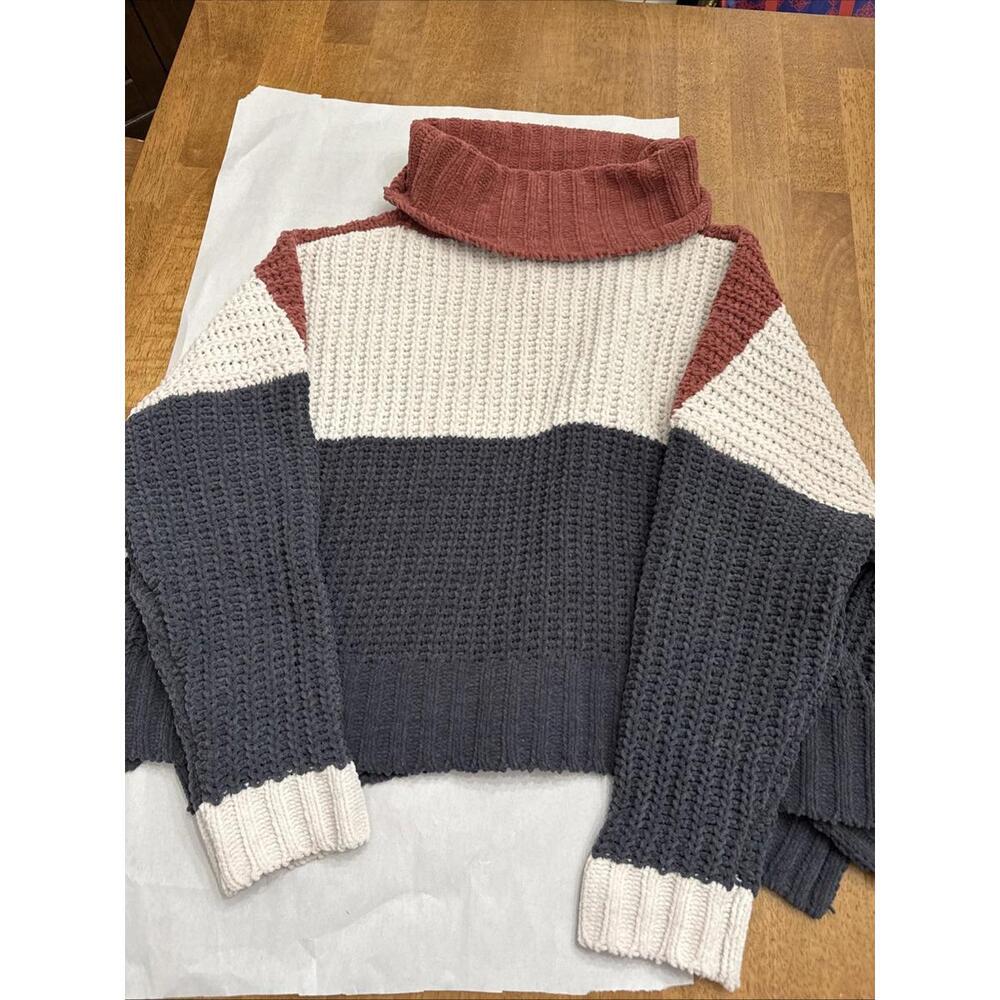 POL Cozy Oversized Sweater Sz Small Soft Cabincore Gray Cream Rust Color-block - Picture 5 of 5